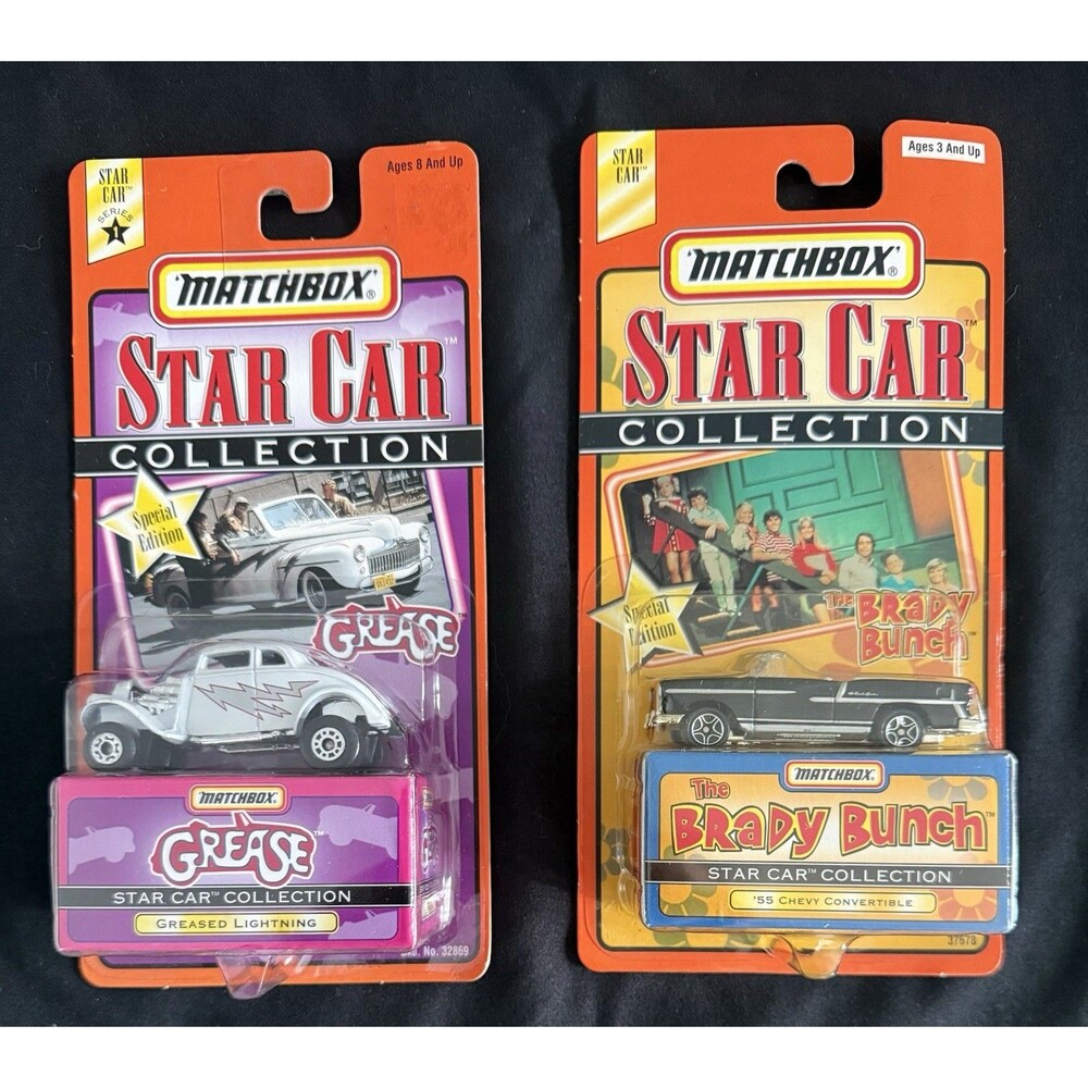 Matchbox Star Car (2) 1997 GREASE GREASED LIGHTNING & BRADY BUNCH CHEVY SEALED